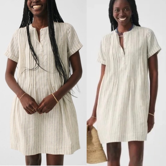 Faherty Gemina Striped Linen Blend Beige Dress Boho Lagenlook Cottagecore L  - joarbit.com